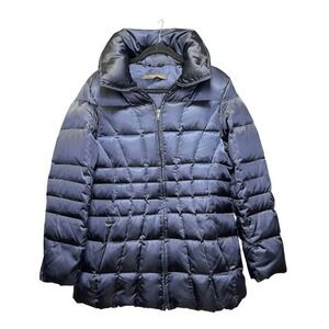 Andrew Marc Womens Navy Satin Goose Down Puffer Jacket Coat Large
